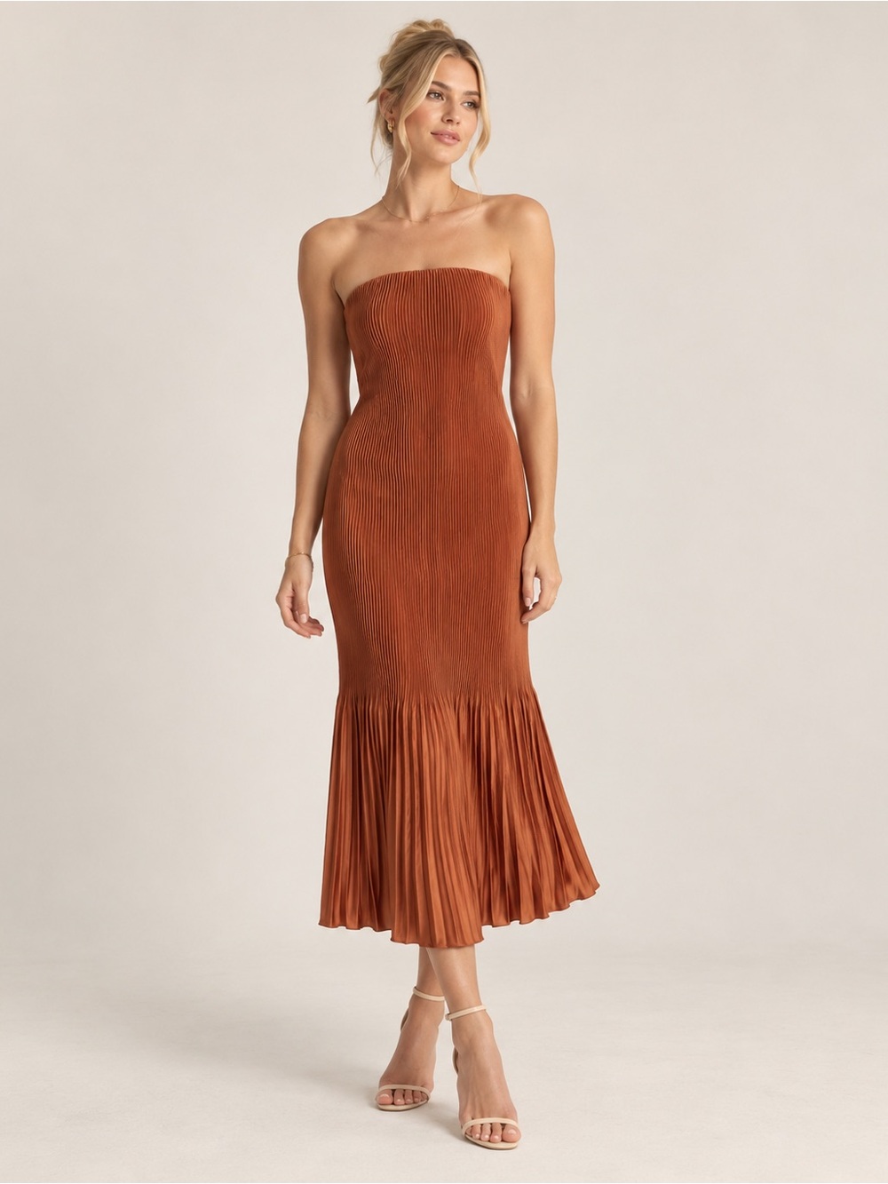 Abercrombie & Fitch Giselle Pleated Strapless Midi Dress Rust M